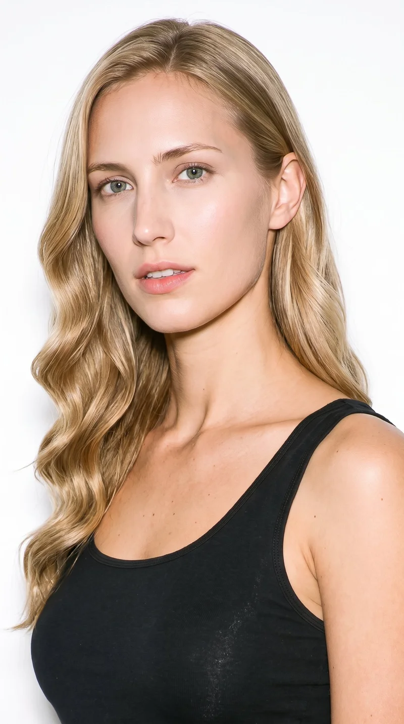 A 25-year-old Caucasian woman with lightly tanned fair skin and a cool undertone. Her face is longer than it is wide, with a tall forehead and elongated cheeks. She has thin eyebrows, blue eyes with a cool undertone, and medium-sized lips. Her mid-tone blonde hair is styled in large, polished waves with a smooth, glamorous finish.