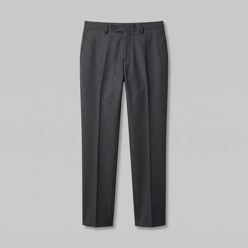 Men's charcoal tailored trousers shown laid flat in a complete front view. The trousers have a mid-rise waistband with belt loops and an extended tab with a visible button, a fly-front closure, slanted side pockets, single pleats near the hips, pressed center creases, tapered full-length legs, and plain uncuffed hems.