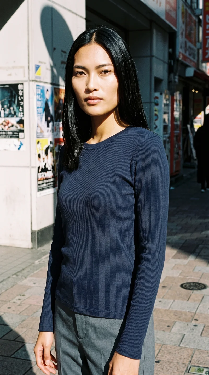 A 24-year-old Southeast Asian woman wears a navy long-sleeve thermal top, shown from the upper body in a front three-quarter view with her arms relaxed and a fierce expression. Tokyo Crossing appears as the backdrop.