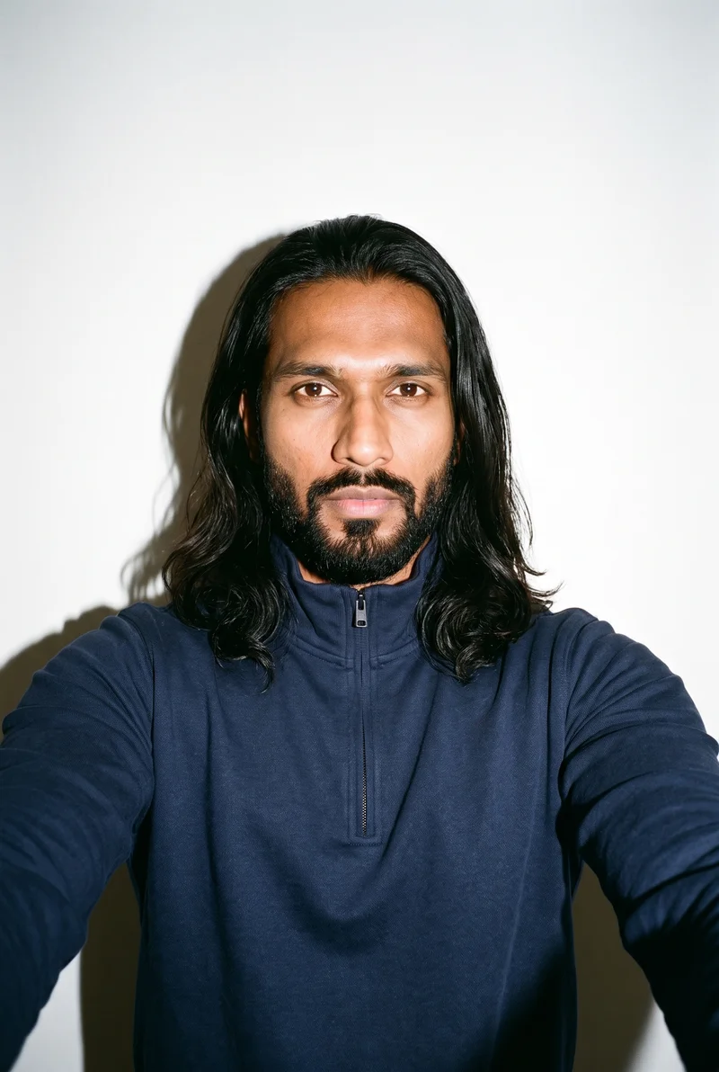 A 37-year-old Indian man wears a navy quarter-zip in a front-view selfie with his chin down and a neutral expression. A contemporary art white atrium forms the backdrop.