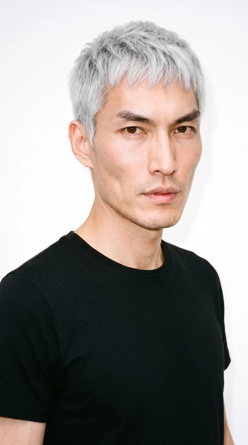 A 54-year-old Chinese man with East Asian facial features, fair skin, and a cool undertone. His face is chiseled, with sharp angular structure, a defined jaw, and pronounced cheekbones. He has medium-thickness eyebrows, very dark near-black eyes, and full lips. His silver-grey hair has a cool shine and is styled in a short textured crop with layered texture on top and closely cut sides. He is clean-shaven, with smooth skin across the whole face.