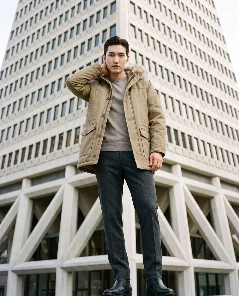 Men's Khaki Fur-Hood Parka, Full body at Three-quarter, Natural E-Commerce lighting