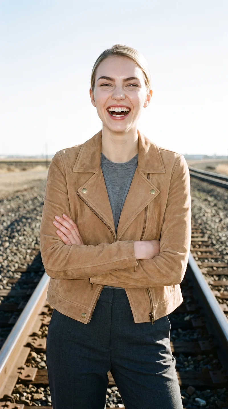 Women's Tan Suede Jacket, Three-quarter length at Front, Flash Editorial lighting