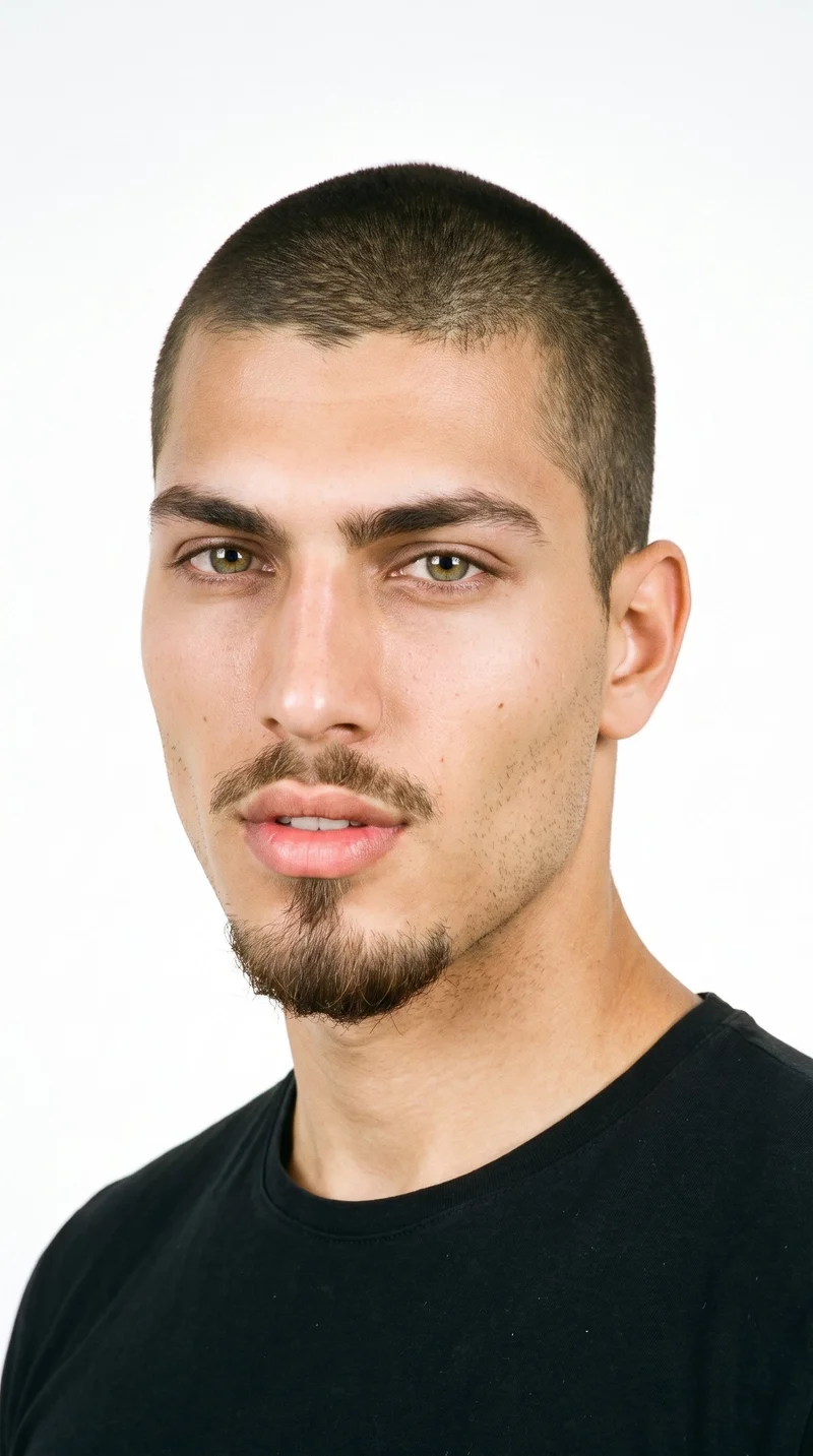 This 18-year-old Turkish man has a medium olive skin tone with a greenish-golden undertone. His diamond-shaped face has a narrow forehead and jaw, with the greatest width at the cheekbones. He has medium-thickness eyebrows, green eyes, and medium-sized lips. His dark-brown hair is clipped very short and evenly in a buzz cut. A compact goatee is centered on his chin, while his cheeks are clean-shaven.