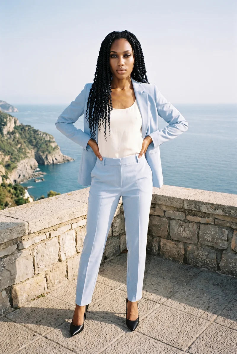 Powder Blue Trouser Suit, Environmental at Front, Natural E-Commerce lighting