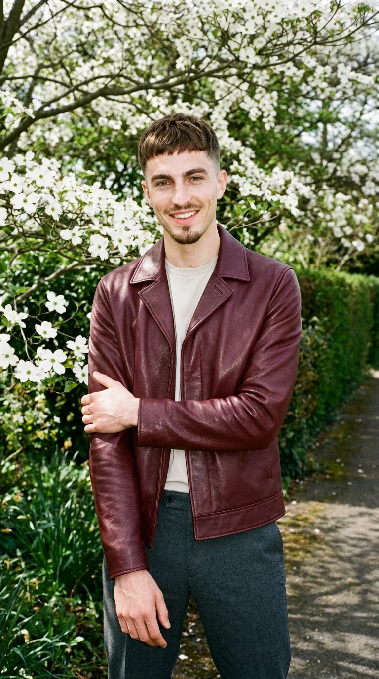 A 31-year-old Caucasian man wears a burgundy leather jacket and smiles while holding one arm in a front-view, three-quarter-length composition. A Dogwood Tree Grove forms the backdrop.