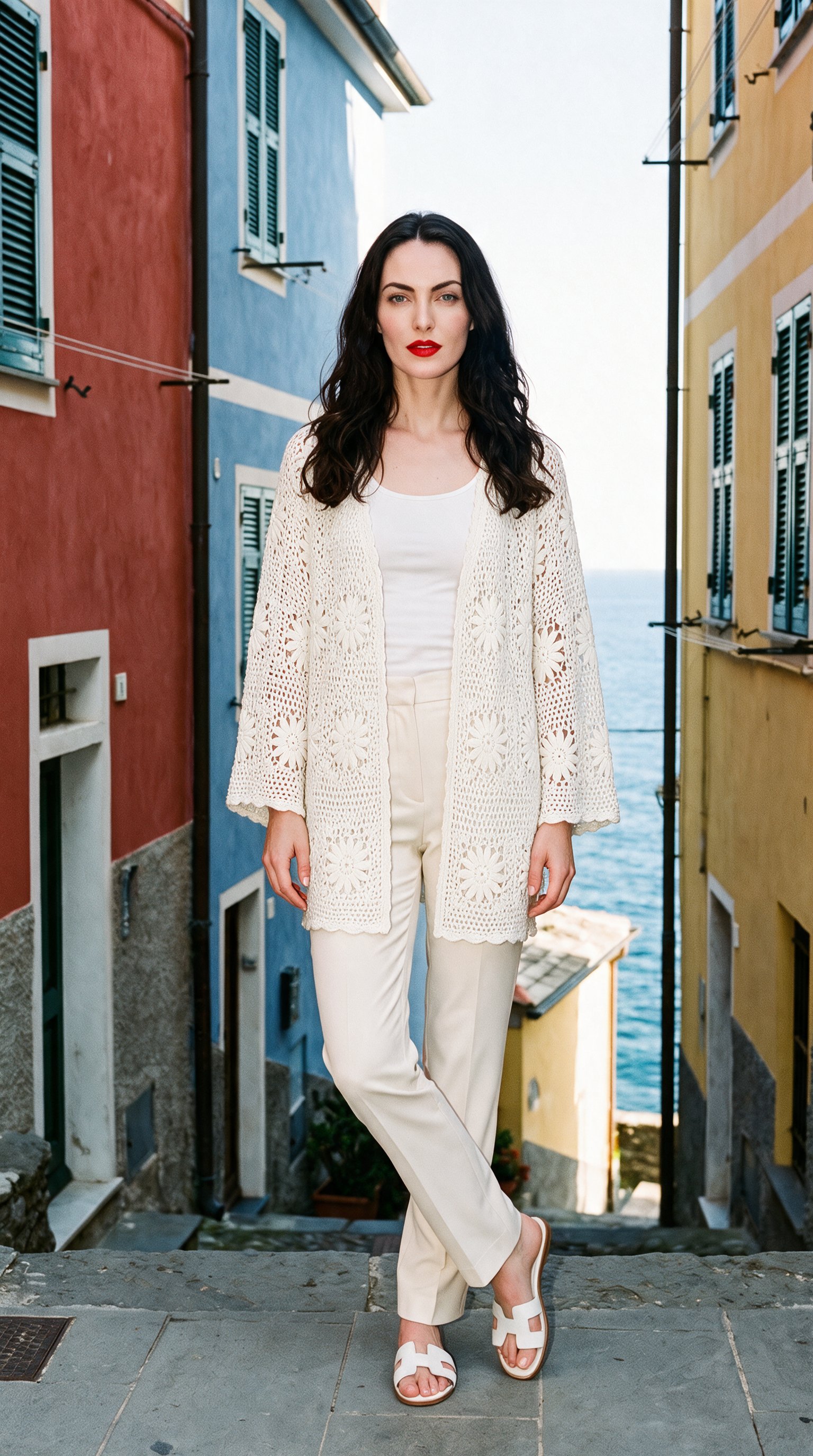 A 25-year-old Caucasian woman wears a white crochet cover-up in a full-body front view, standing with her ankles crossed and a neutral expression. A Cinque Terre cliffside serves as the backdrop.