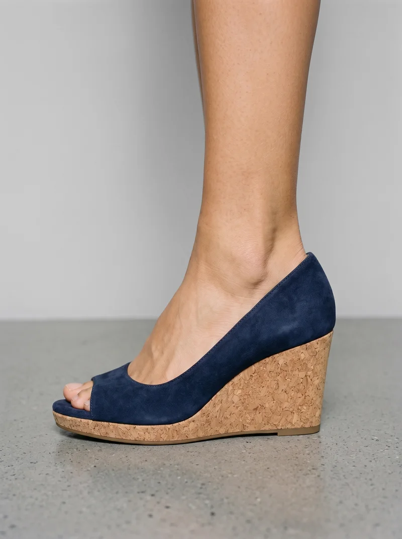 Navy wedges shown from the side at ankle level, framed around the ankle against a pearl grey studio backdrop.