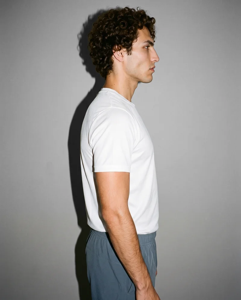 A 25-year-old Hispanic man wears a white mesh performance top in an upper-body side view, with his arms relaxed and a confident expression. A pebble grey studio-wall backdrop fills the background.