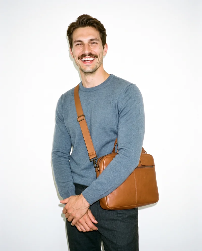 A 28-year-old Caucasian man is shown from the upper body at a front three-quarter angle, laughing with his hands held in front. He is wearing a tan crossbody bag. A museum gallery serves as the backdrop.