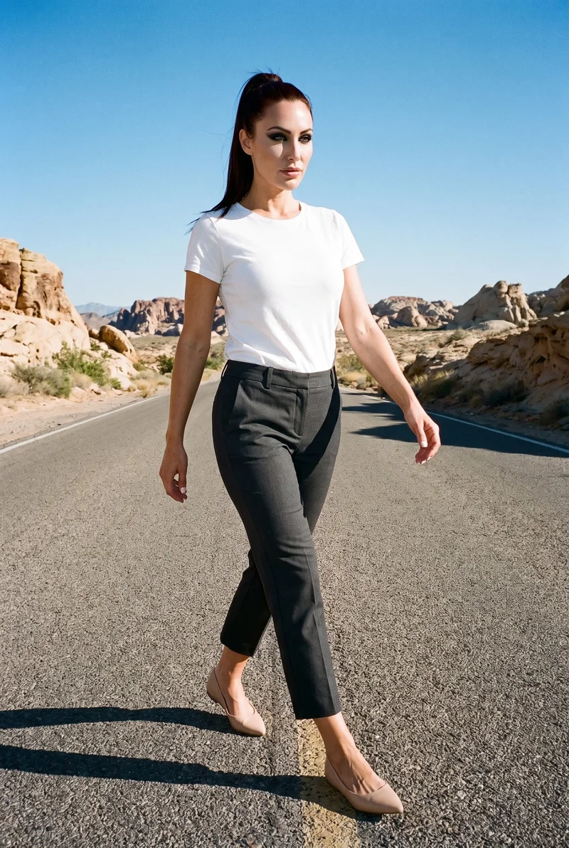 A 32-year-old Caucasian woman is shown full-body from an angled front view while walking, wearing nude pointed flats. Her neutral expression is visible, with a Monument Valley road backdrop behind her.