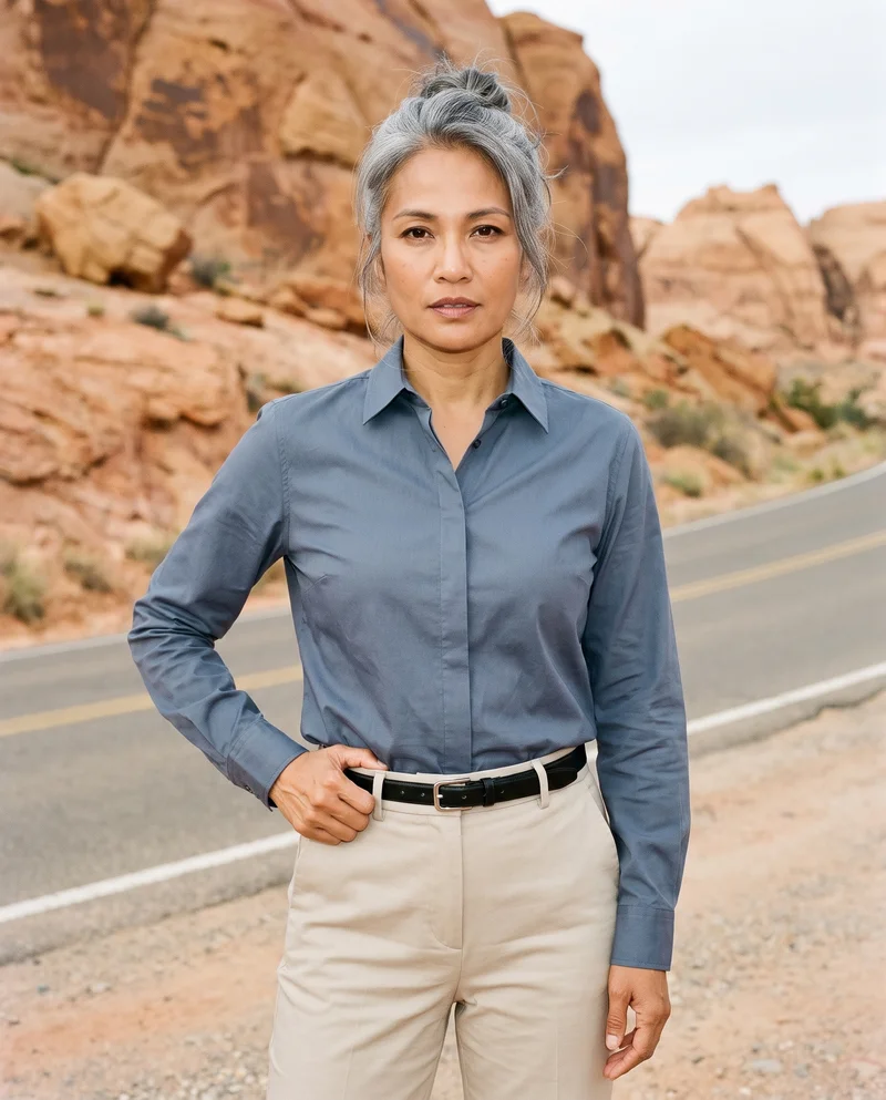 A 45-year-old Southeast Asian woman is shown from the front in a three-quarter-length view, wearing a black formal belt with one hand on her waist. The backdrop is labeled Monument Valley Road.