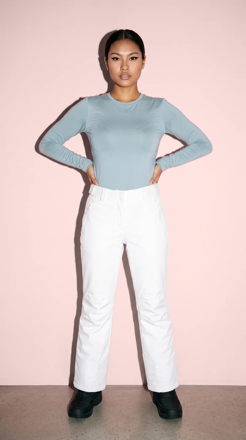 Women's White Shell Ski Trousers, Full body at Front, Flash Editorial lighting