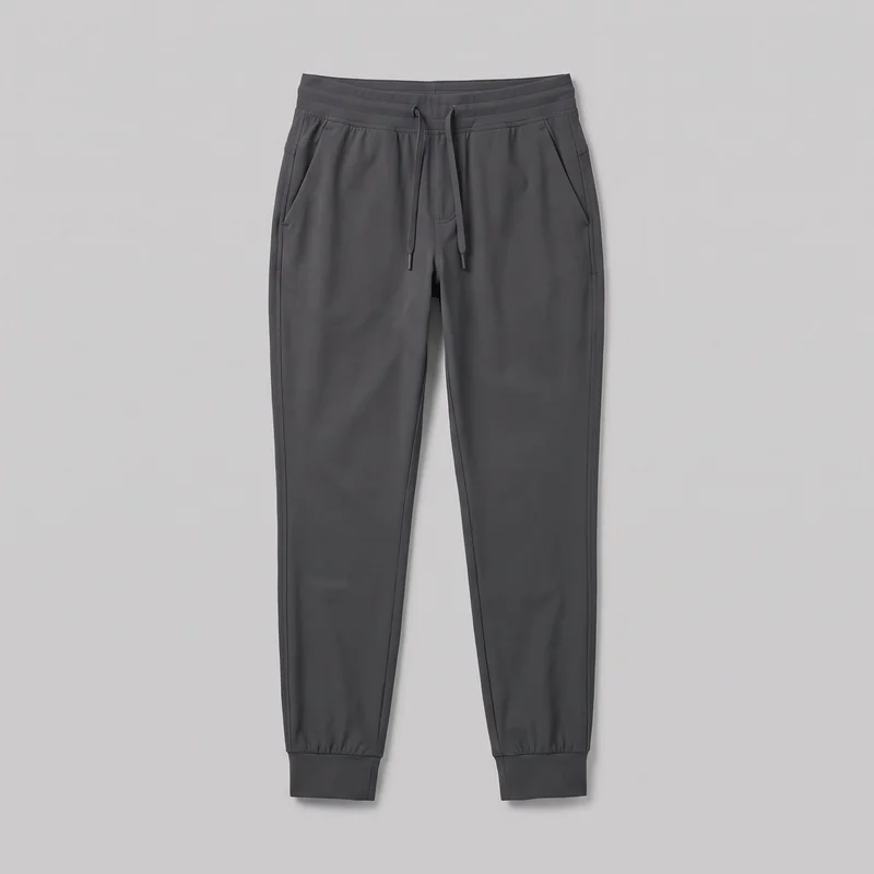 Charcoal women's tech jogger pants are shown laid flat in a complete front view. The tapered full-length pants have a wide waistband with horizontal stitched channels and a center-front drawstring with capped ends, slanted hip pockets, vertical side panel seams, and gathered fabric above the wide cuffed hems.