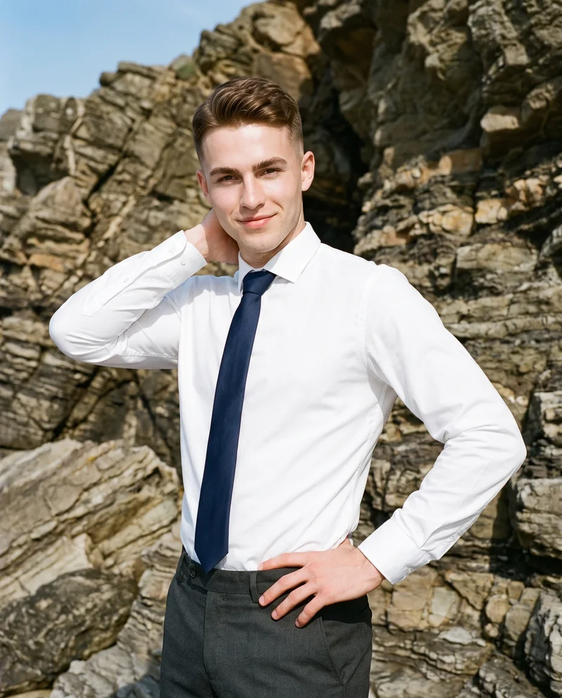 Navy Silk Tie, Upper body at Three-quarter, Natural E-Commerce lighting