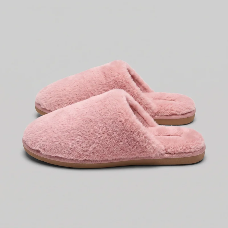 A pair of pink fluffy house slippers is shown in an angled standalone view. The slippers have rounded closed toes, open-back mule-style openings, plush pile across the uppers, footbeds, and inner rims, padded edges around the openings, and flat low-profile outsoles.