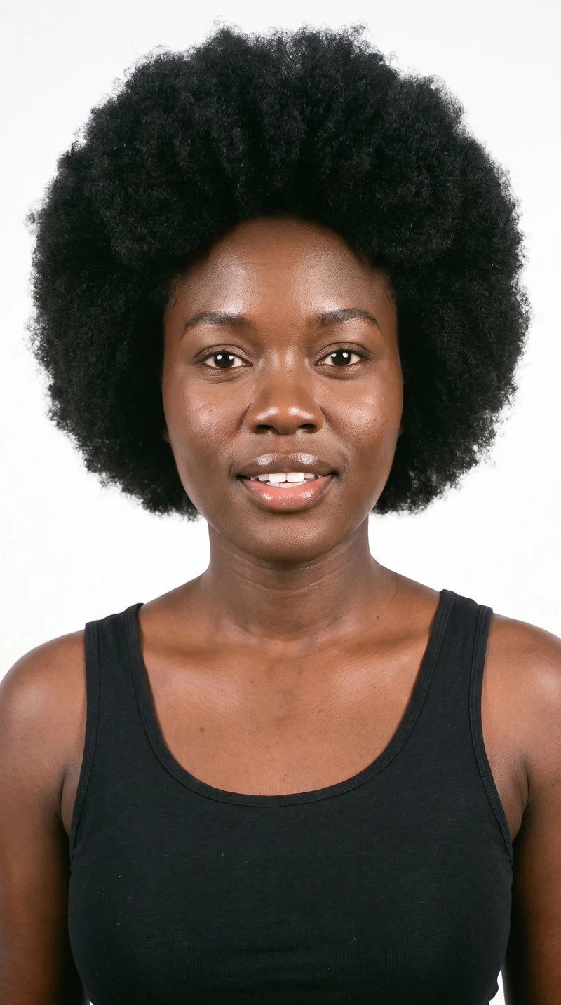 This 32-year-old African woman has dark-brown skin with a neutral undertone and a round face defined by soft, full contours and gentle curves. Her medium-thickness eyebrows frame brown eyes, and she has full lips. Her black hair is styled in a natural afro with tightly coiled texture forming a full, rounded shape around her head.