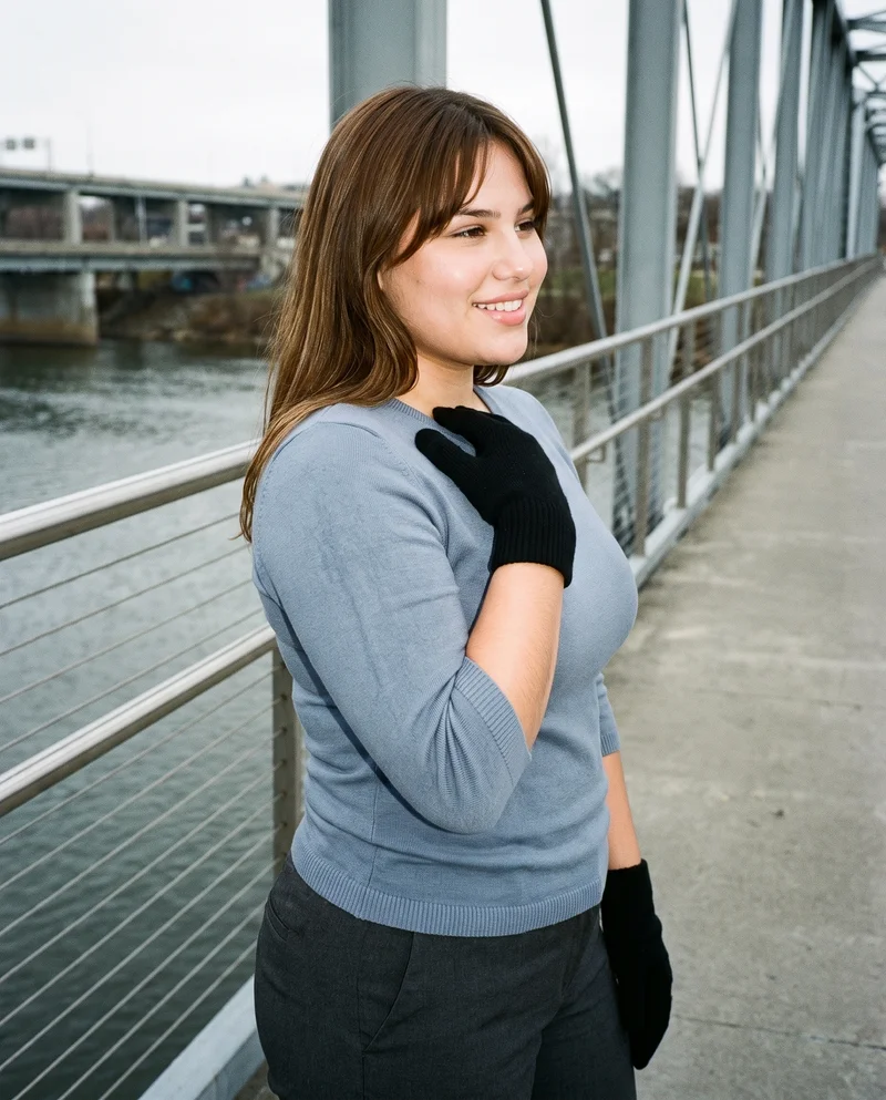 Women's Black Wool Gloves, Upper body at Side, Flash Editorial lighting