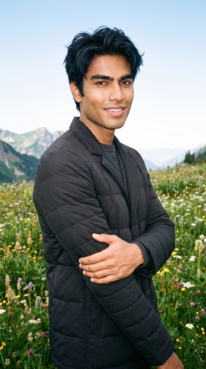 Men's Black Puffer Jacket, Upper body at Three-quarter, Clean Catalog lighting