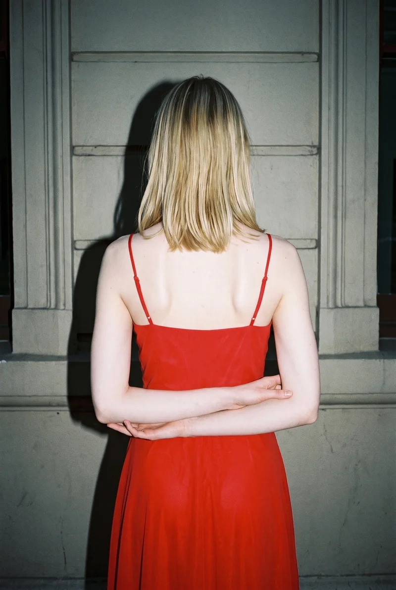Red Chiffon Maxi Dress, Upper body at Back, Flash Editorial lighting