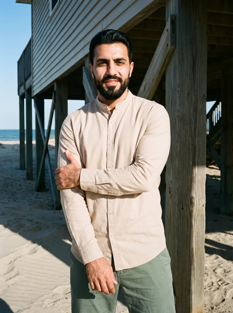 A 42-year-old Arab man wears a beige cotton grandad shirt in a three-quarter-length view from the front three-quarter angle. He is smiling and holding one arm, with an Outer Banks Beach House backdrop.