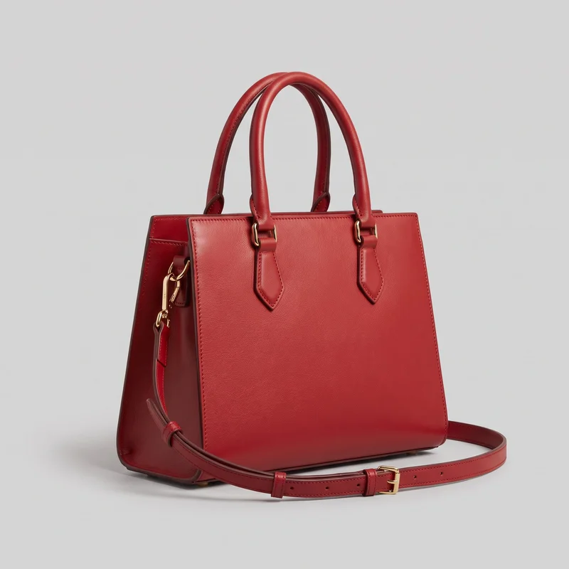 A red structured top-handle handbag is shown from a front three-quarter angle. The trapezoid-shaped bag has a flat front panel, squared top edge, broad side gusset, rolled handles with metal rings, stitched teardrop tabs, visible edge stitching, and a removable adjustable shoulder strap with clips, buckle, punched holes, and keeper loops. Small metal base feet are also visible.
