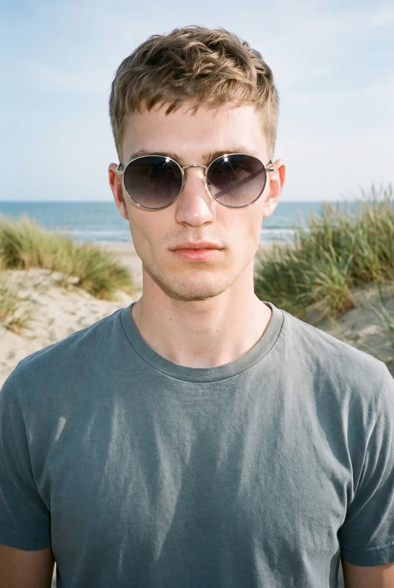 A 19-year-old Caucasian man wears men's round metal sunglasses in a bust-length, front-facing view. His shoulders are square and his expression is neutral, with a Martha's Vineyard beach backdrop.
