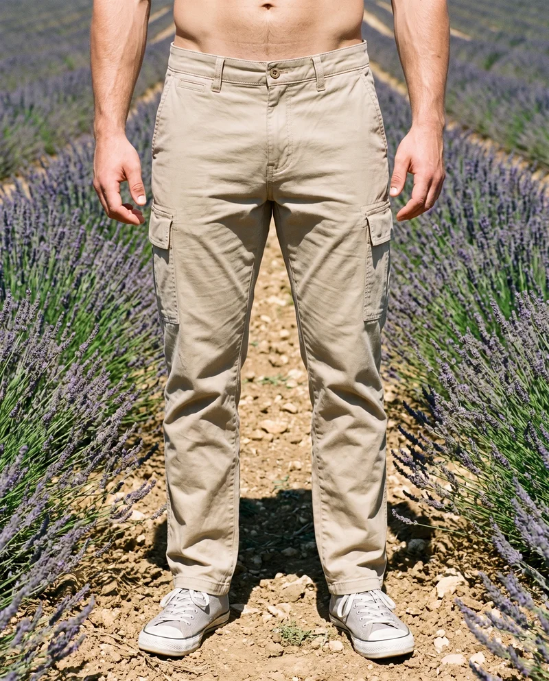 A male model is shown from the lower body in men's beige cargo pants, standing with his feet together in a front view. A lavender field forms the backdrop.