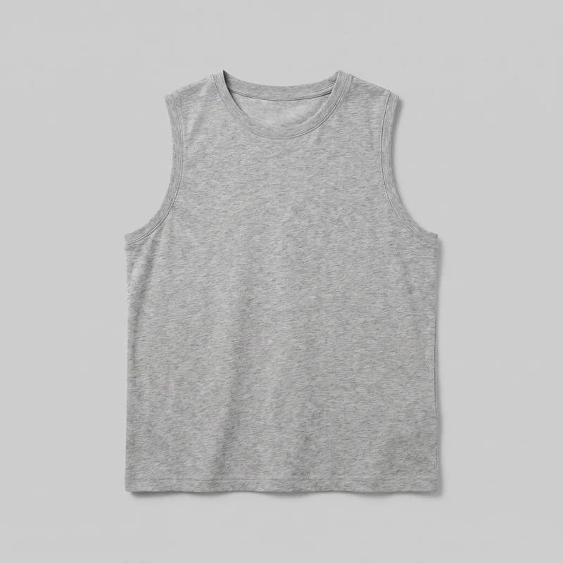 A complete front view of a grey marl sleeveless crew-neck vest shown flat. It has broad shoulder coverage, deep curved armholes, a full-length straight-cut body, narrow stitched binding around the neckline and armholes, visible shoulder and side seams, double rows of stitching around the neck and arm openings, and a stitched straight bottom hem. No logos, prints, patches, embroidery, or embellishments are visible.