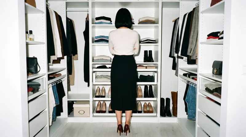 A 19-year-old Turkish woman models a black midi skirt in an environmental back view with her arms crossed. A walk-in closet serves as the backdrop.