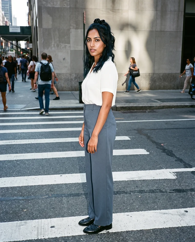 A 24-year-old Arab woman is shown full body from a front three-quarter angle, standing in a relaxed pose with a serious expression and wearing a black satin scrunchie. A crosswalk intersection serves as the backdrop.