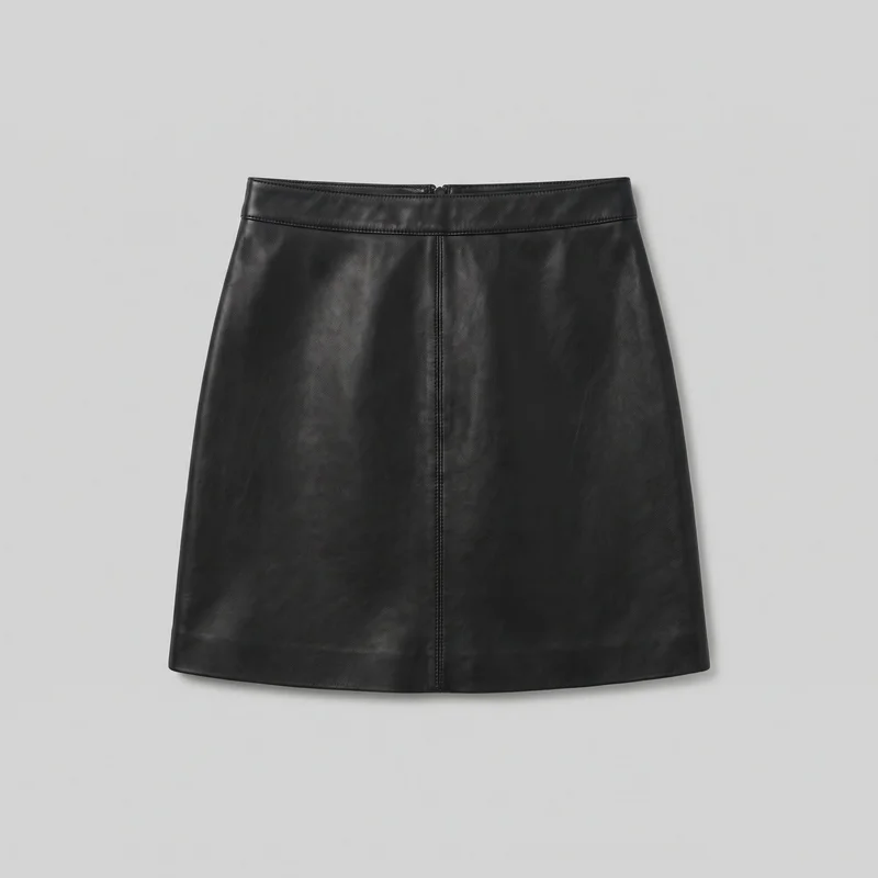 A women’s leather A-line mini skirt is laid flat in a centered, mostly full view. It has a wide waistband, a horizontal seam below the waistband, a centered vertical seam with raised stitched edges, and a visible zipper opening at the upper center. The smooth exterior has subtle grain texture, no visible pockets, and no logos, prints, patches, embroidery, or embellishments.