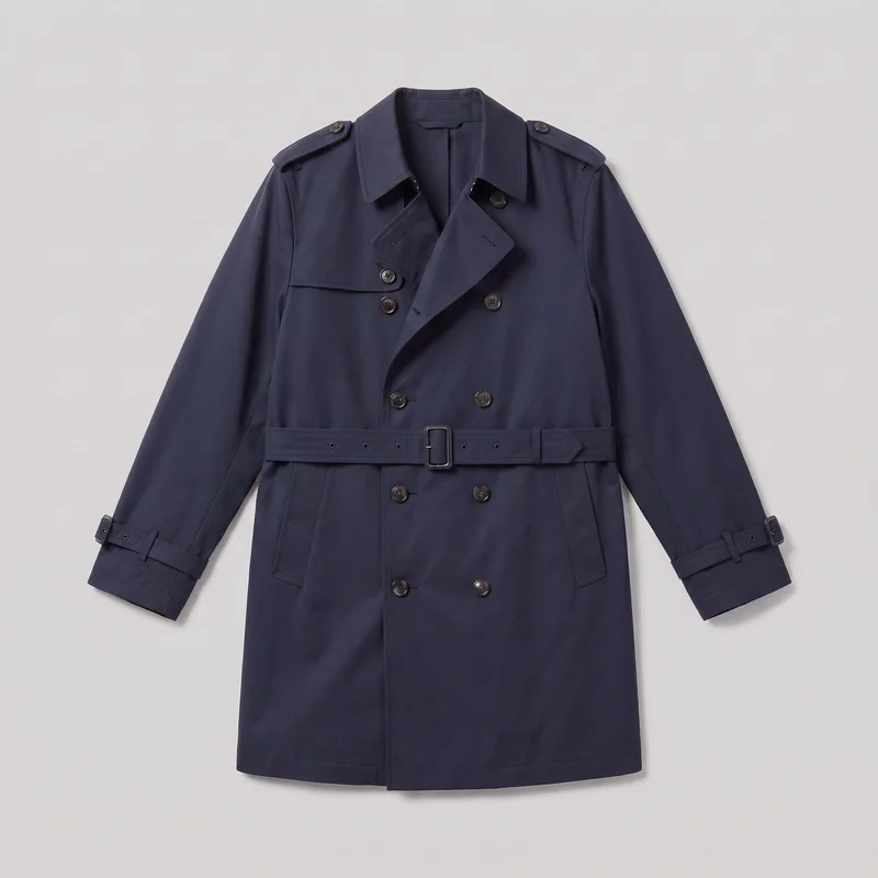 A mostly complete front view of a men's navy longline double-breasted trench coat laid flat. The coat has a pointed spread collar, shoulder epaulettes, a chest storm flap, multiple front buttons, a belted waist with a rectangular buckle, angled side pockets, sleeve cuff straps with buckles, and a straight hem.