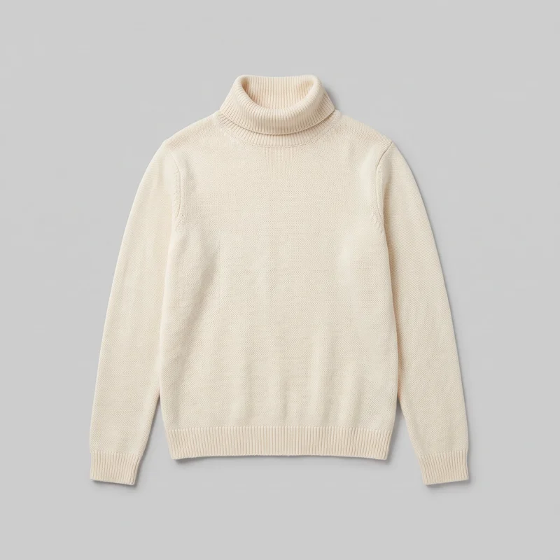 A women's cream knit turtleneck sweater is shown laid flat in a complete standalone front view. It has a folded ribbed roll-neck, long sleeves with ribbed cuffs, a straight body silhouette, a smooth fine-knit surface, and a ribbed bottom hem. No closures, pockets, logos, prints, patches, embroidery, or embellishments are visible.