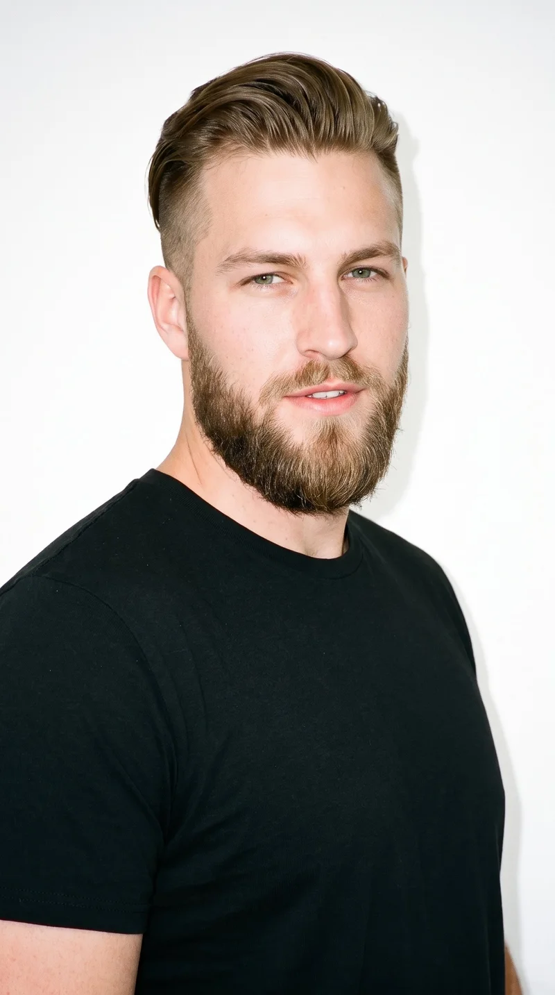 A 26-year-old Caucasian man with fair skin and a neutral undertone has a softly refined, even-featured face. His thick eyebrows frame hazel eyes with green-gold flecks, and he has thin lips. His dark-blonde hair is longer on top with markedly shorter sides and back in a contrasting undercut style. He wears a short, full beard trimmed evenly with clean cheek and neckline edges.