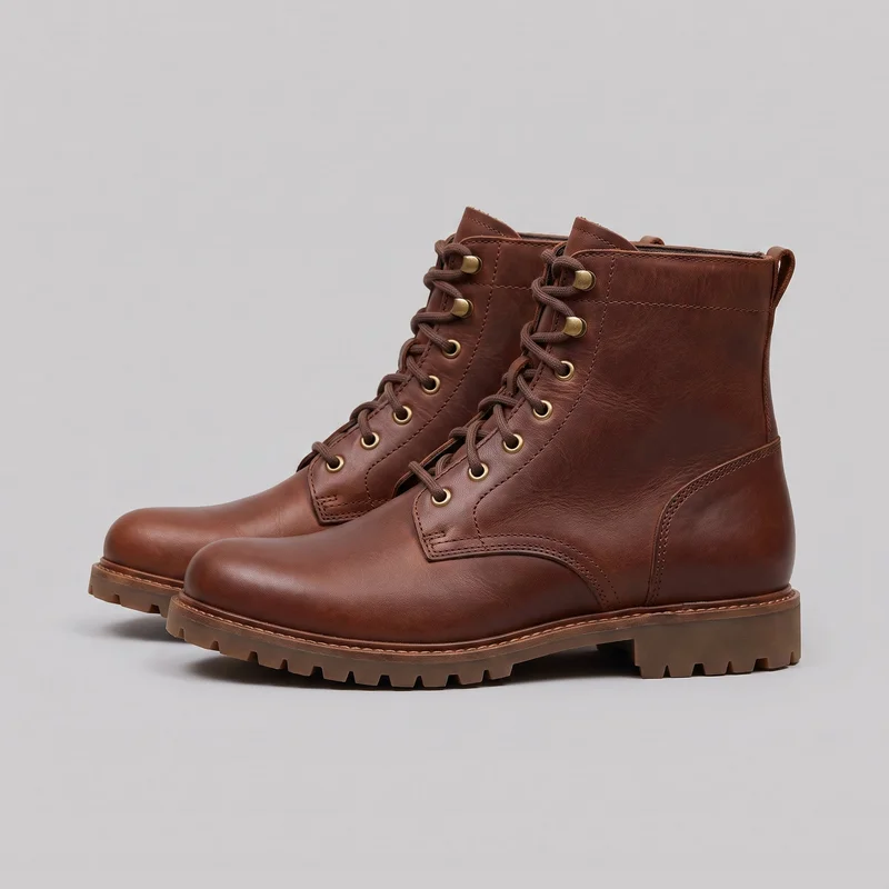 A pair of brown lace-up ankle boots is shown in a side/front three-quarter view. The boots have rounded plain toes, structured high-top shafts, central lace closures with round laces threaded through metal eyelets, padded-looking tongues, stitched panels, back pull loops, low block heels, visible welt stitching, and thick treaded lug outsoles.