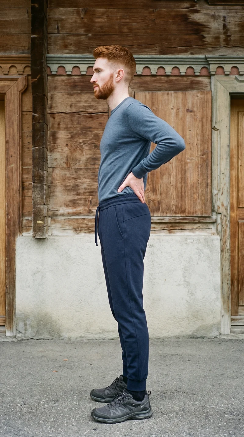 A 22-year-old Caucasian man is shown full body in a side view wearing navy cotton joggers. He poses with one hand on his lower back and has a serious expression. A Swiss Alpine Village backdrop is visible behind him.