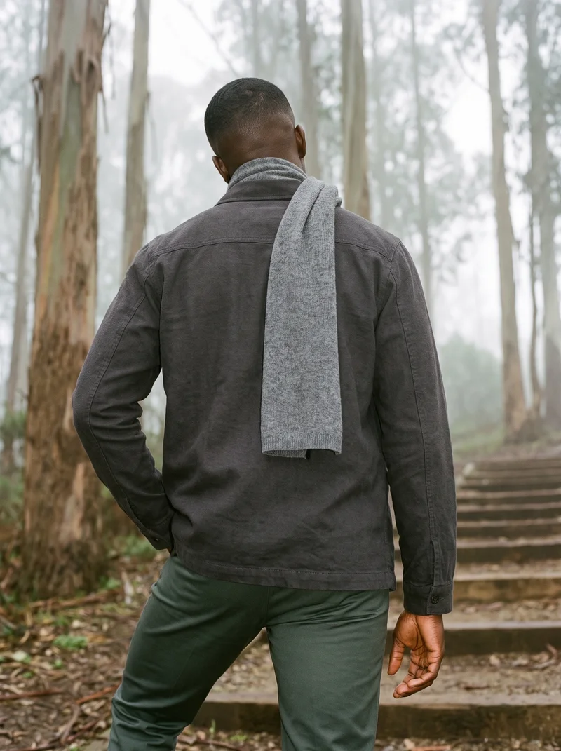 Men's Grey Wool Scarf, Three-quarter length at Back, Clean Catalog lighting