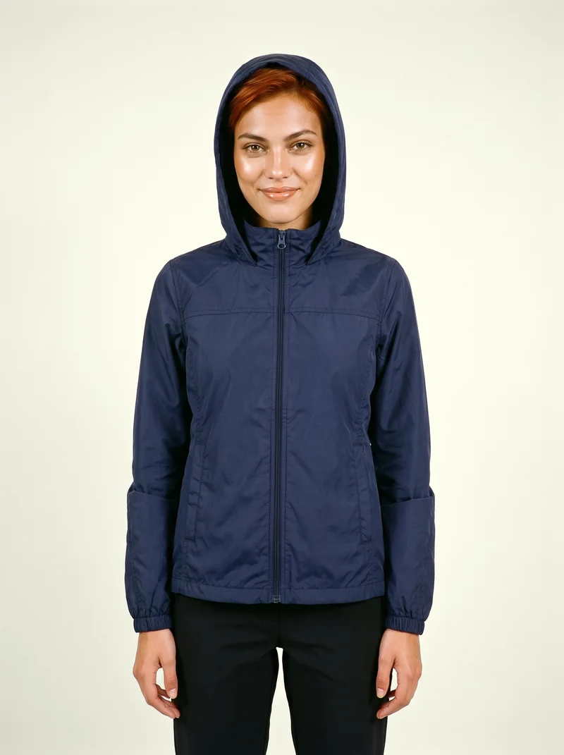 Women's Navy Windbreaker, Three-quarter length at Front, Natural E-Commerce lighting