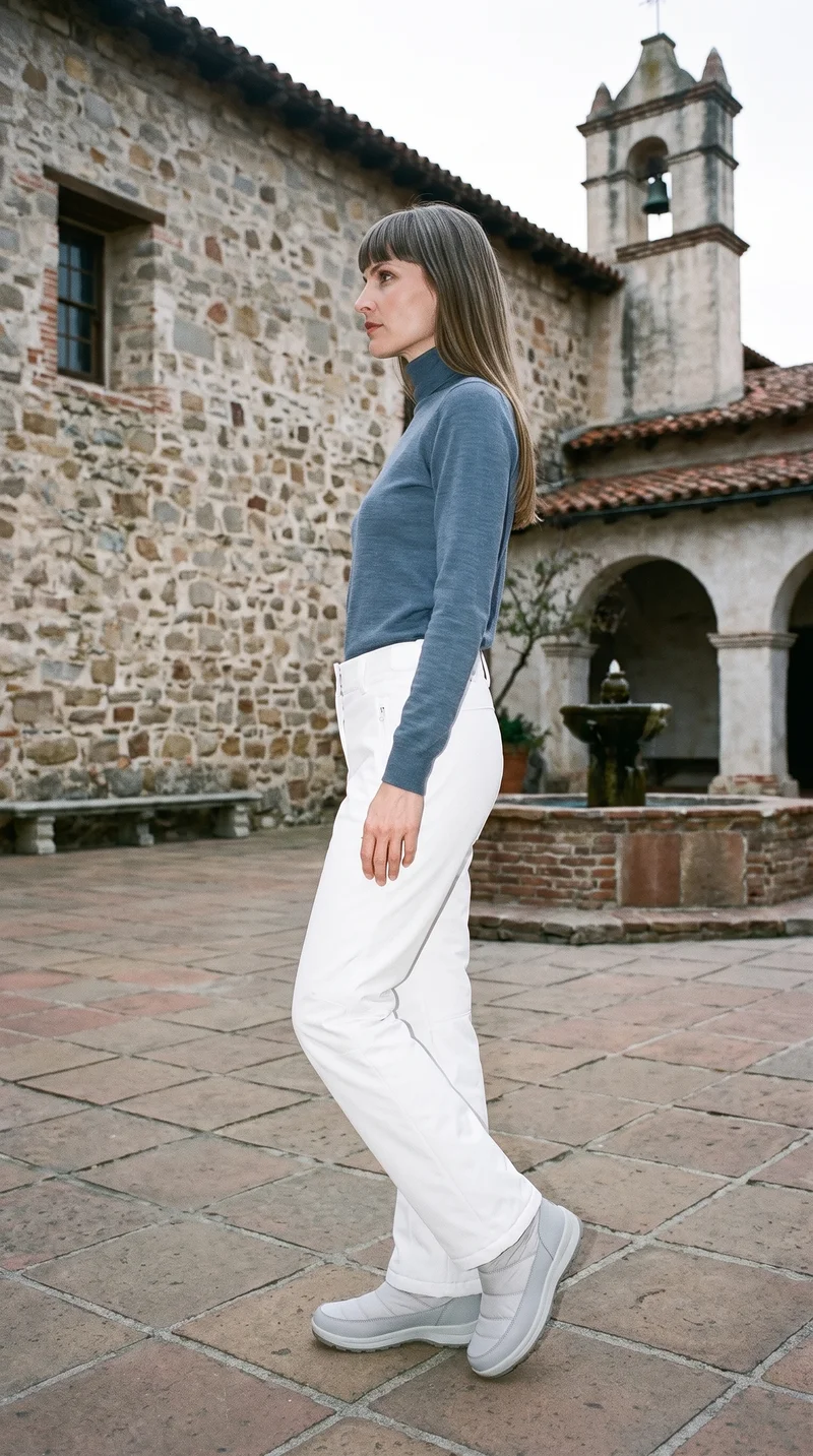 A 37-year-old Slavic woman wears white shell ski trousers in a full-body side view, posing with one hip out and a natural expression. The Mission Courtyard Bell Fountain appears as the backdrop.