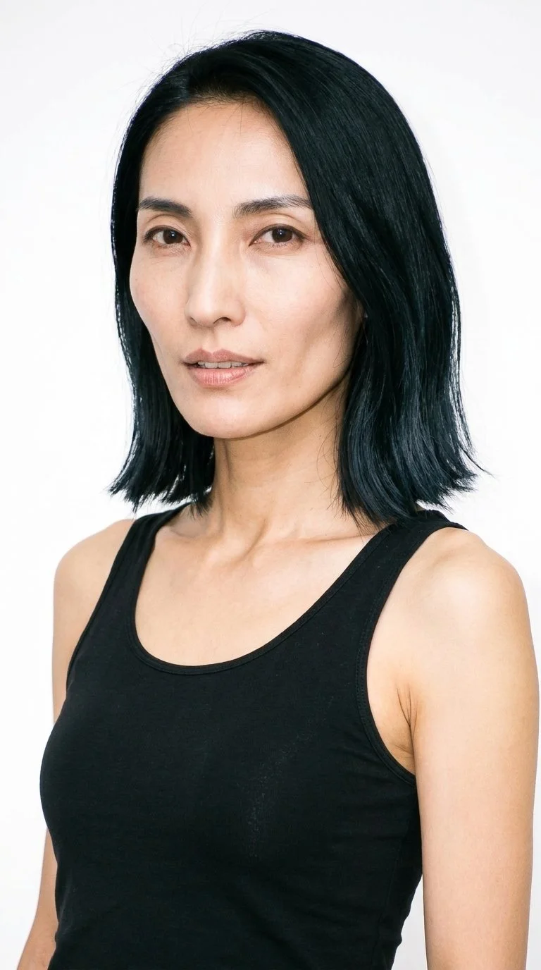 This 37-year-old Japanese woman has medium skin with a cool undertone and an angular face defined by sharp cheekbones and jawlines. She has thin eyebrows, very dark near-black eyes, and thin lips. Her deep black hair is styled in a long bob falling between the chin and shoulders.