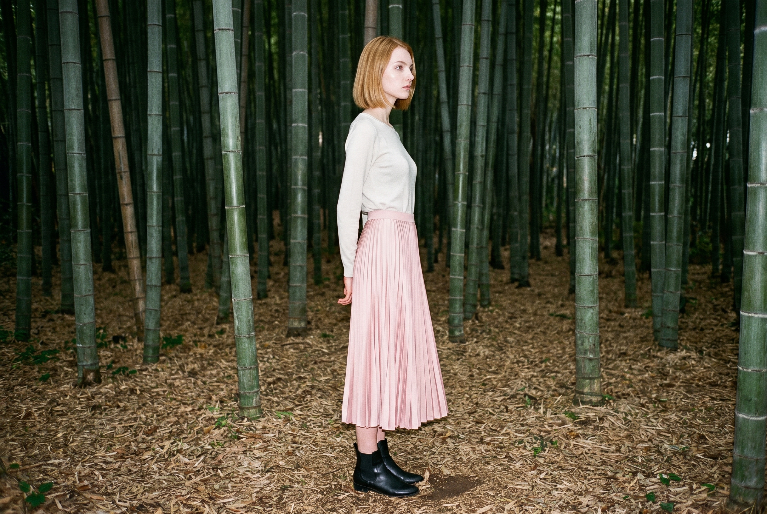 A 20-year-old Caucasian woman models a blush pink satin pleated skirt in a full-body side view, standing with her hands behind her back and a neutral expression. A bamboo forest forms the backdrop.