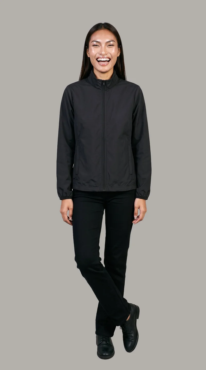 Women's Black Track Jacket, Full body at Front, Studio Cutout lighting