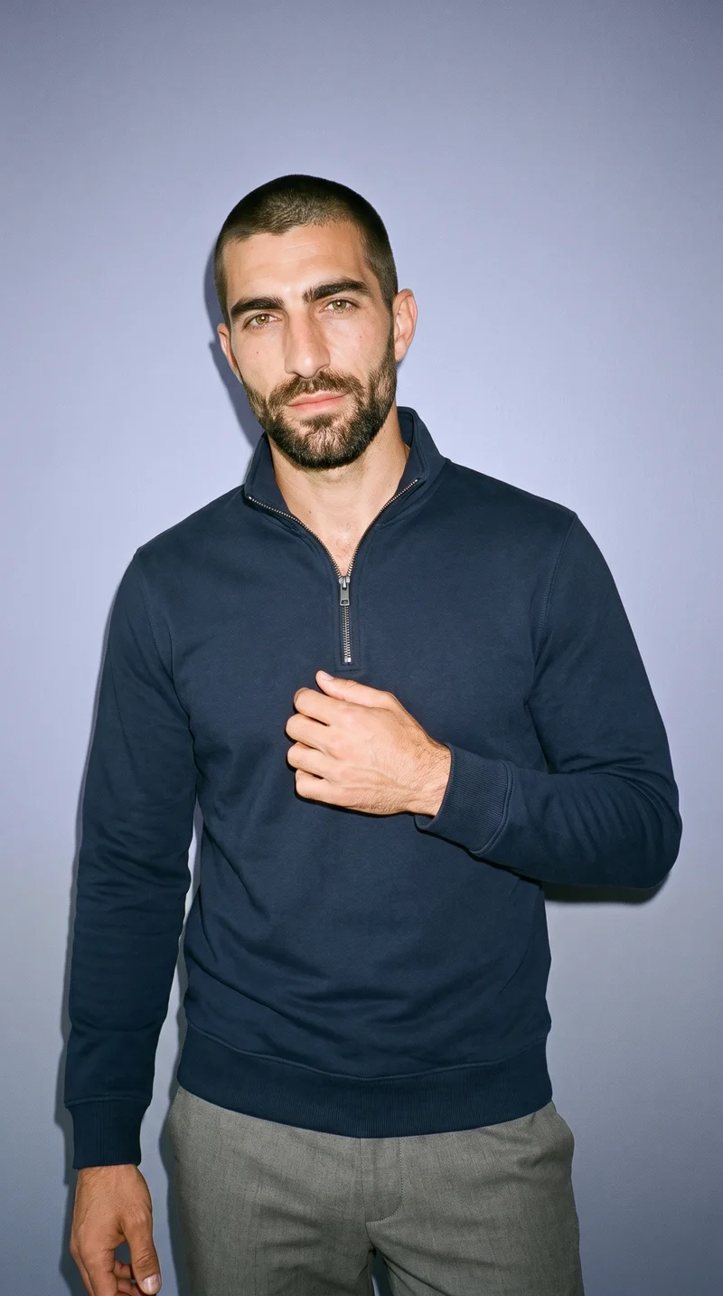 Men's Navy Quarter-Zip, Upper body at Three-quarter, Natural E-Commerce lighting