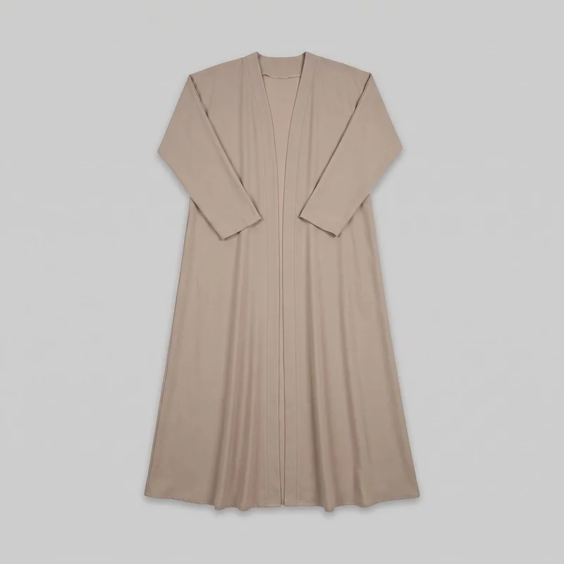 A beige women's open-front abaya robe is shown as a standalone flat product view, mostly complete from the neckline to the floor-length hem. It has a collarless open V neckline, a straight center-front opening with wide vertical front bands, broad shoulders, long straight sleeves with plain cuffs, and a relaxed gently A-line shape with a softly flared lower hem. No closures, pockets, logos, prints, embroidery, or embellishments are visible.