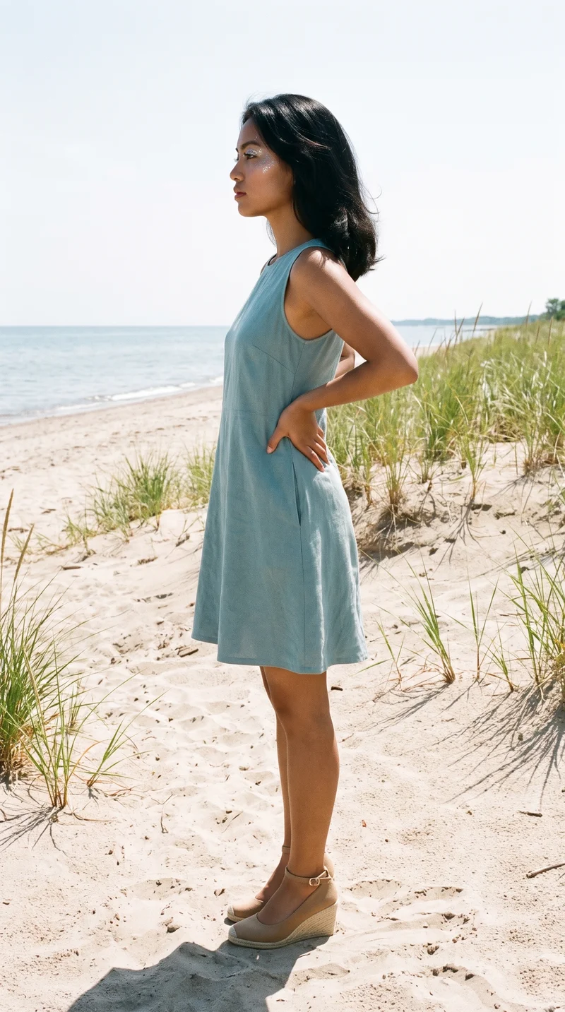 Women's Tan Wedge Espadrilles, Full body at Side, Flash Editorial lighting