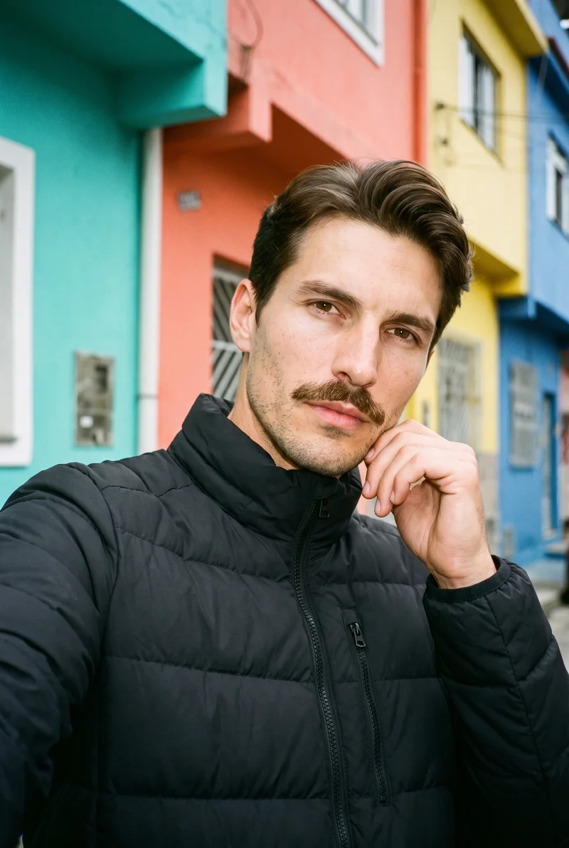 Men's Black Down Jacket, Selfie at Front, Clean Catalog lighting