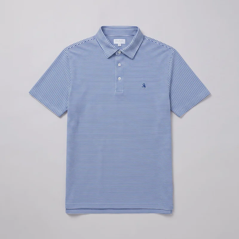A mostly complete front view of a men's short-sleeve cotton polo shirt shown as a standalone product. The shirt has fine horizontal stripes, a fold-down point collar, a three-button partial placket with a reinforced rectangular base, set-in short sleeves, a straight full-length hem with visible stitching, and a small embroidered penguin logo on the left chest.