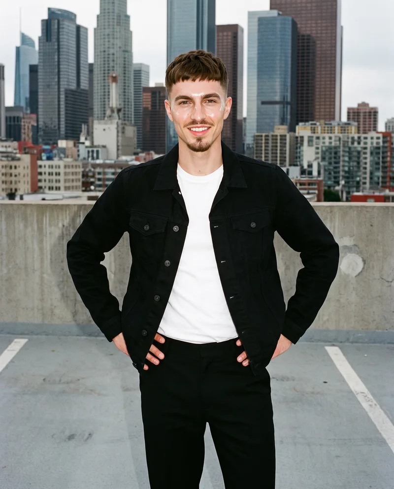 Men's Black Denim Jacket, Three-quarter length at Front, Flash Editorial lighting