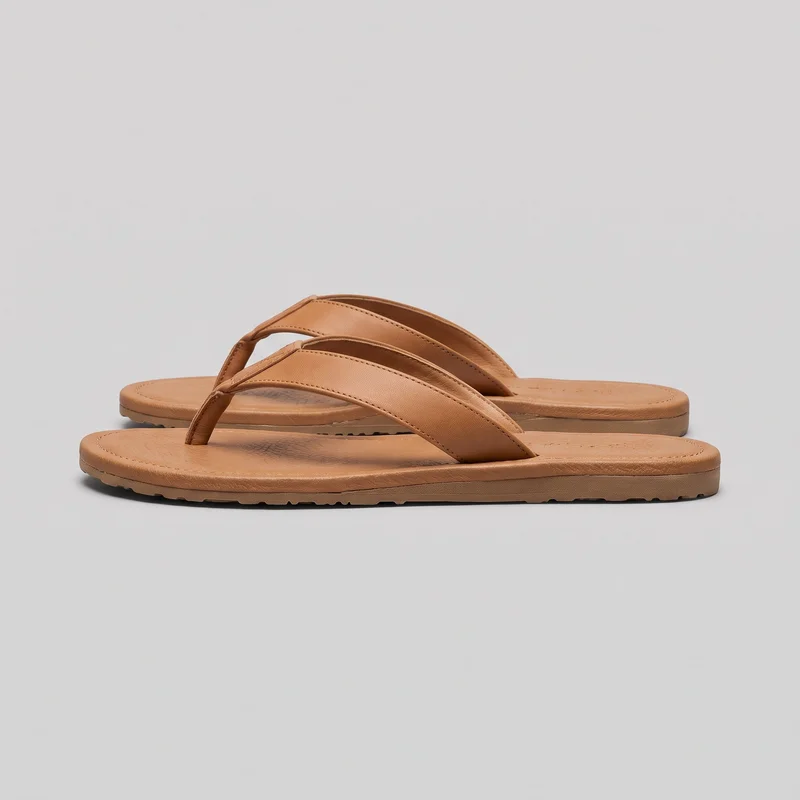 A pair of tan leather thong sandals is shown in a side-oriented standalone view. The flat sandals have open toes and heels, rounded forefoots, low flat soles, Y-shaped toe posts, broad padded straps with visible stitching, and footbeds edged by a slightly raised, topstitched perimeter lip.